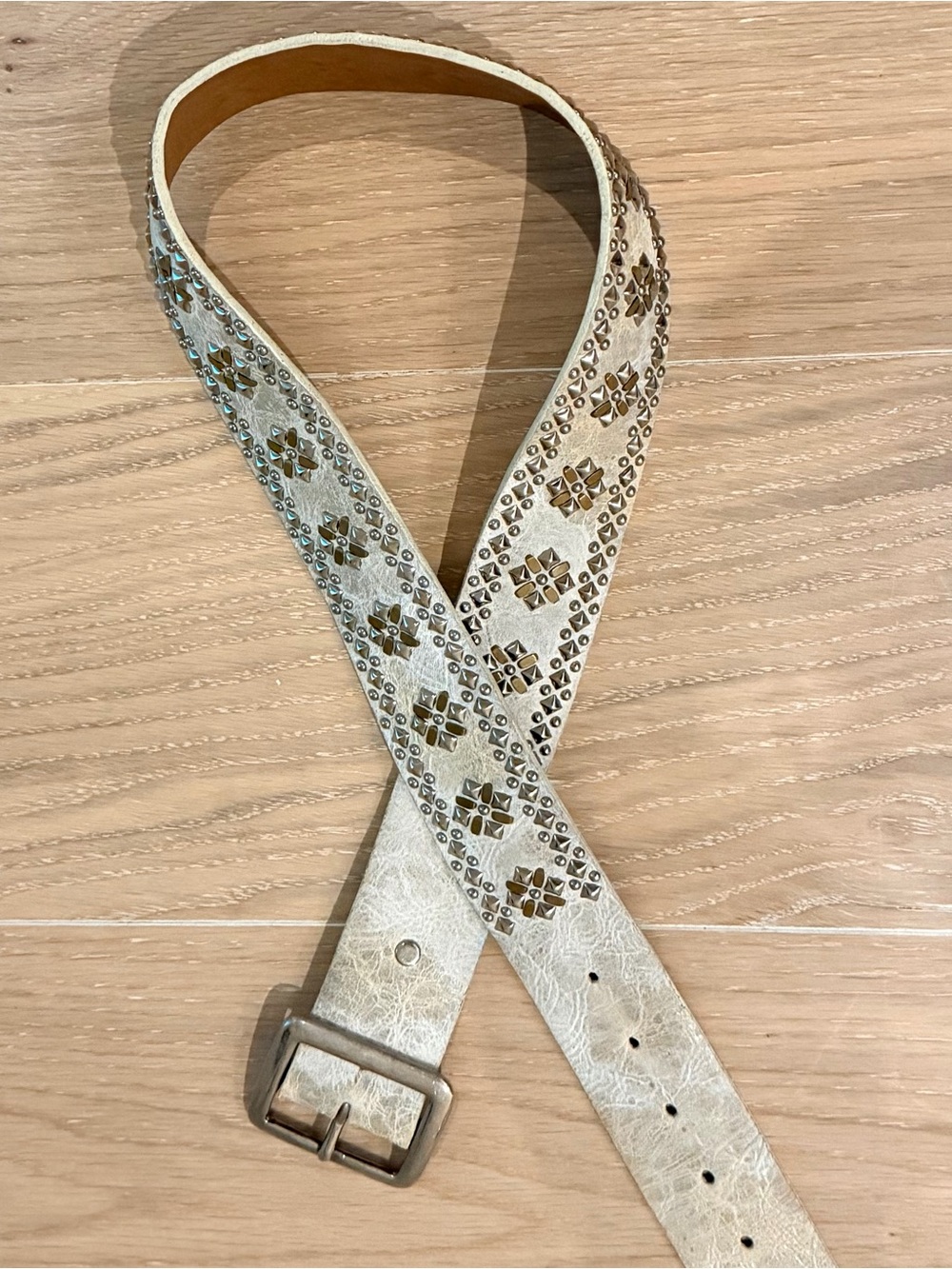 CALLEEN CORDERO WHITE  Leather Belt with Gold Floral Studs - Women Accessories